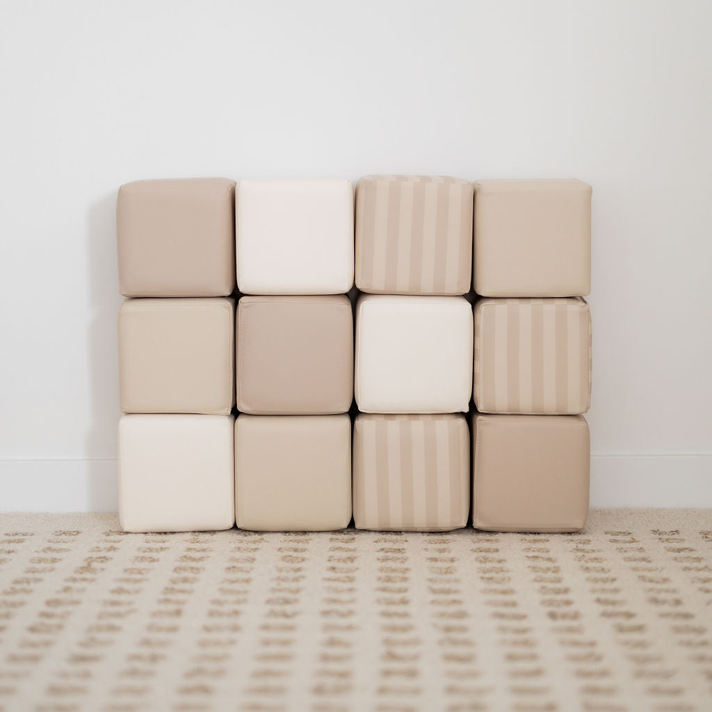 Set of 12 neutral striped leather soft play blocks