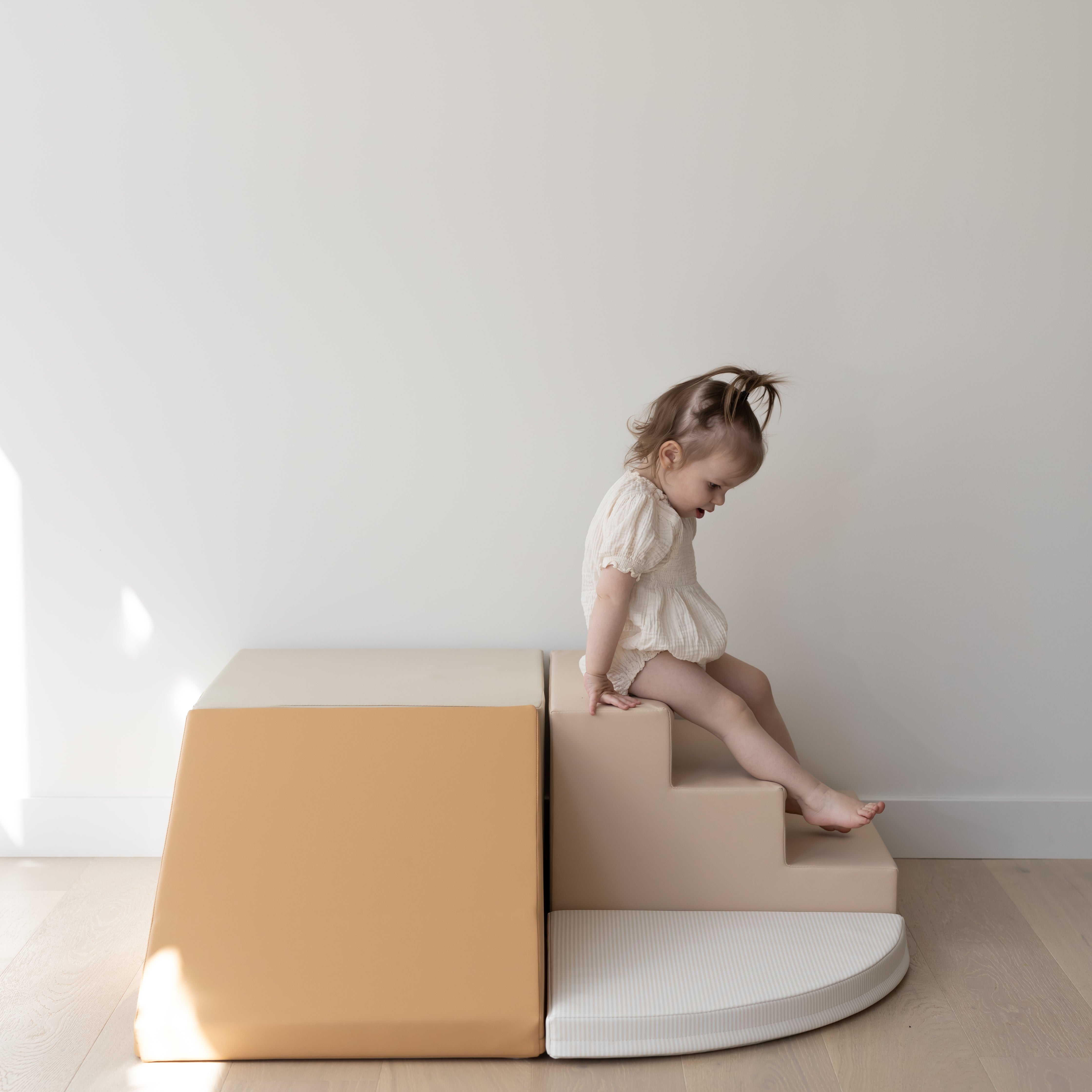 Foam climbing stairs and slide for open-ended play birch stripe designed in Canada