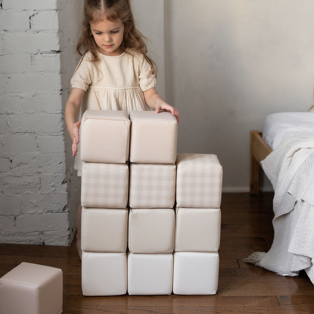 Rylie pea & co. Soft play blocks 'linen gingham' for open-ended play set of 12 stacking blocks
