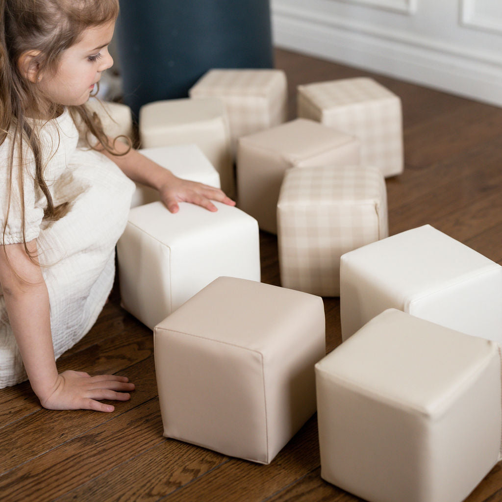 Kids love playing with linen gingham soft play blocks in play area