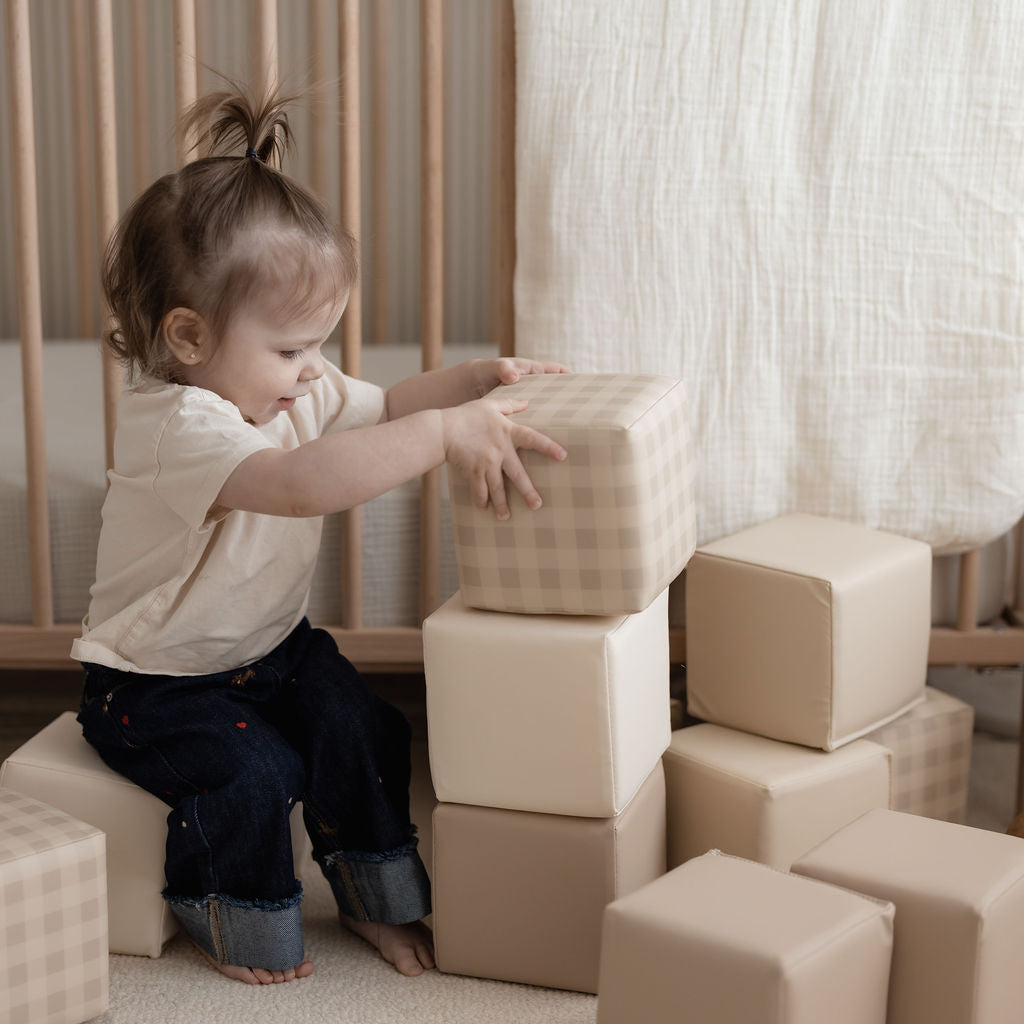 Stack, Knock, Build with open-ended toys for kids, Fog gingham soft play blocks