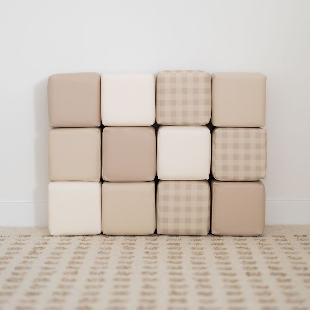 A set of 12 Fog gingham soft play blocks for neutral loving minimalist parents